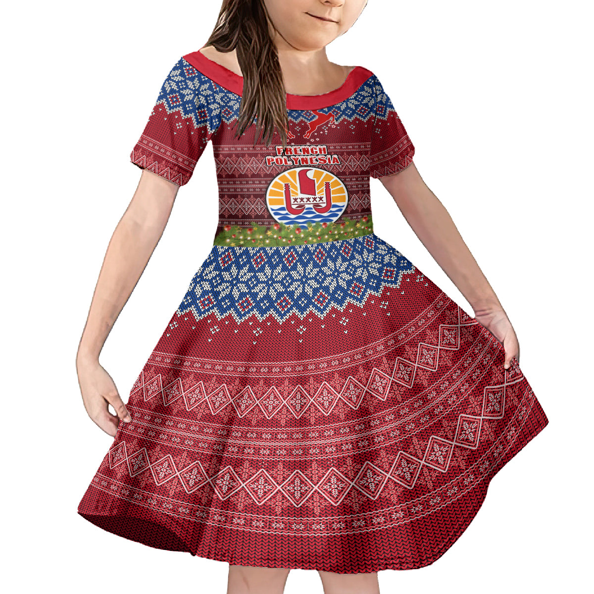 Personalised French Polynesia Christmas Family Matching Summer Maxi Dress and Hawaiian Shirt Coat of Arms and Map Beautiful Merry Xmas Snowflake LT03 Daughter's Dress Red - Polynesian Pride