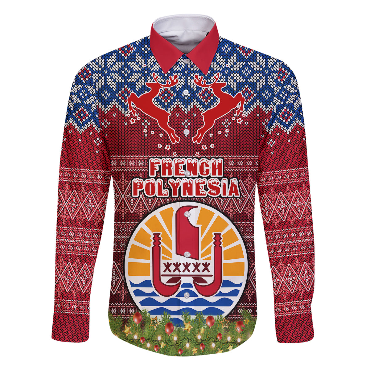Personalised French Polynesia Christmas Family Matching Summer Maxi Dress and Hawaiian Shirt Coat of Arms and Map Beautiful Merry Xmas Snowflake LT03 Dad's Shirt - Long Sleeve Red - Polynesian Pride