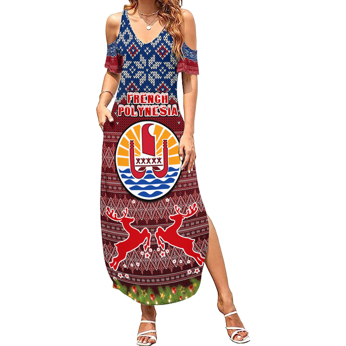 Personalised French Polynesia Christmas Family Matching Summer Maxi Dress and Hawaiian Shirt Coat of Arms and Map Beautiful Merry Xmas Snowflake LT03 Mom's Dress Red - Polynesian Pride
