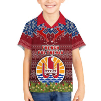 Personalised French Polynesia Christmas Family Matching Summer Maxi Dress and Hawaiian Shirt Coat of Arms and Map Beautiful Merry Xmas Snowflake LT03 Son's Shirt Red - Polynesian Pride