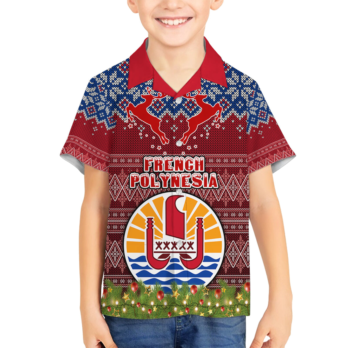 Personalised French Polynesia Christmas Family Matching Tank Maxi Dress and Hawaiian Shirt Coat of Arms and Map Beautiful Merry Xmas Snowflake LT03 Son's Shirt Red - Polynesian Pride