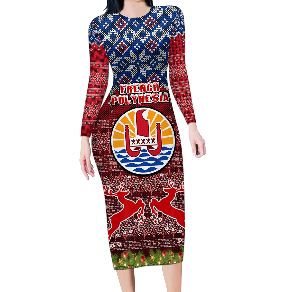 Personalised French Polynesia Christmas Long Sleeve Bodycon Dress Coat of Arms and Map Beautiful Merry Xmas Snowflake LT03 Long Dress Red - Polynesian Pride