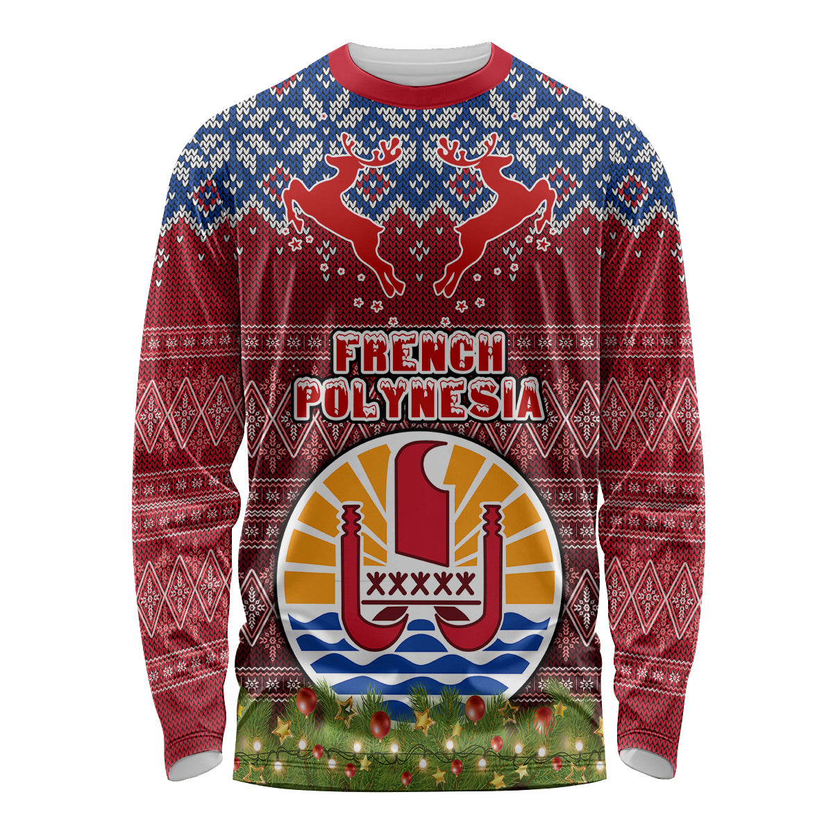 Personalised French Polynesia Christmas Long Sleeve Shirt Coat of Arms and Map Beautiful Merry Xmas Snowflake LT03 Unisex Red - Polynesian Pride
