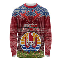 Personalised French Polynesia Christmas Long Sleeve Shirt Coat of Arms and Map Beautiful Merry Xmas Snowflake LT03 Unisex Red - Polynesian Pride