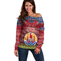 Personalised French Polynesia Christmas Off Shoulder Sweater Coat of Arms and Map Beautiful Merry Xmas Snowflake LT03 Women Red - Polynesian Pride