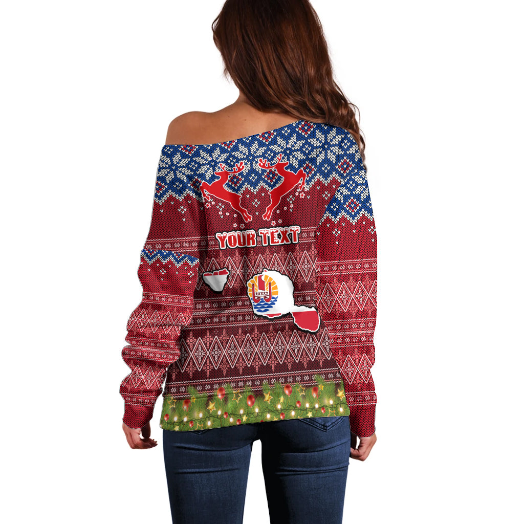 Personalised French Polynesia Christmas Off Shoulder Sweater Coat of Arms and Map Beautiful Merry Xmas Snowflake LT03 - Polynesian Pride