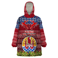 Personalised French Polynesia Christmas Wearable Blanket Hoodie Coat of Arms and Map Beautiful Merry Xmas Snowflake LT03 One Size Red - Polynesian Pride