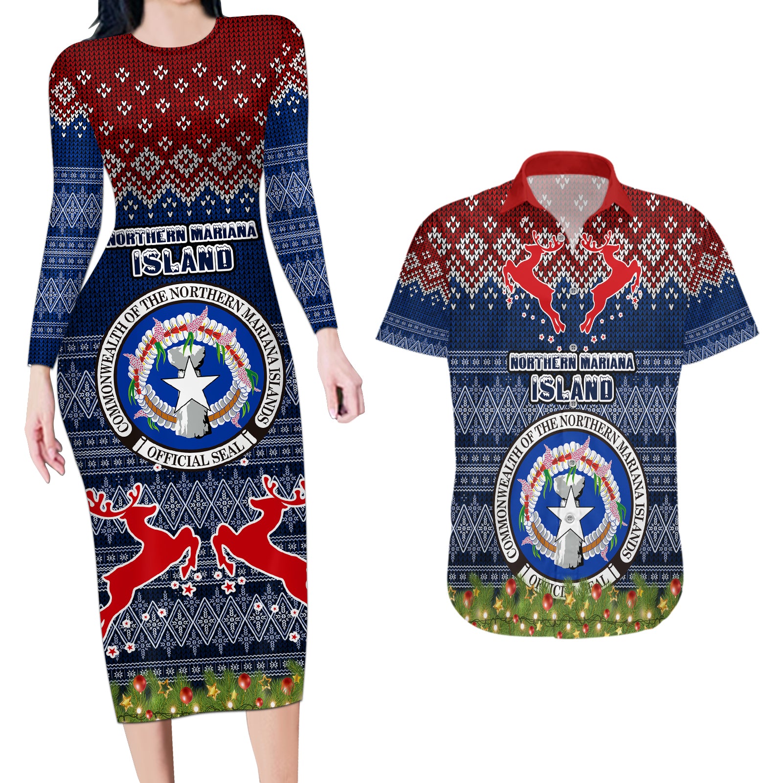 northern-mariana-islands-christmas-couples-matching-long-sleeve-bodycon-dress-and-hawaiian-shirt-coat-of-arms-and-map-beautiful-merry-xmas-snowflake