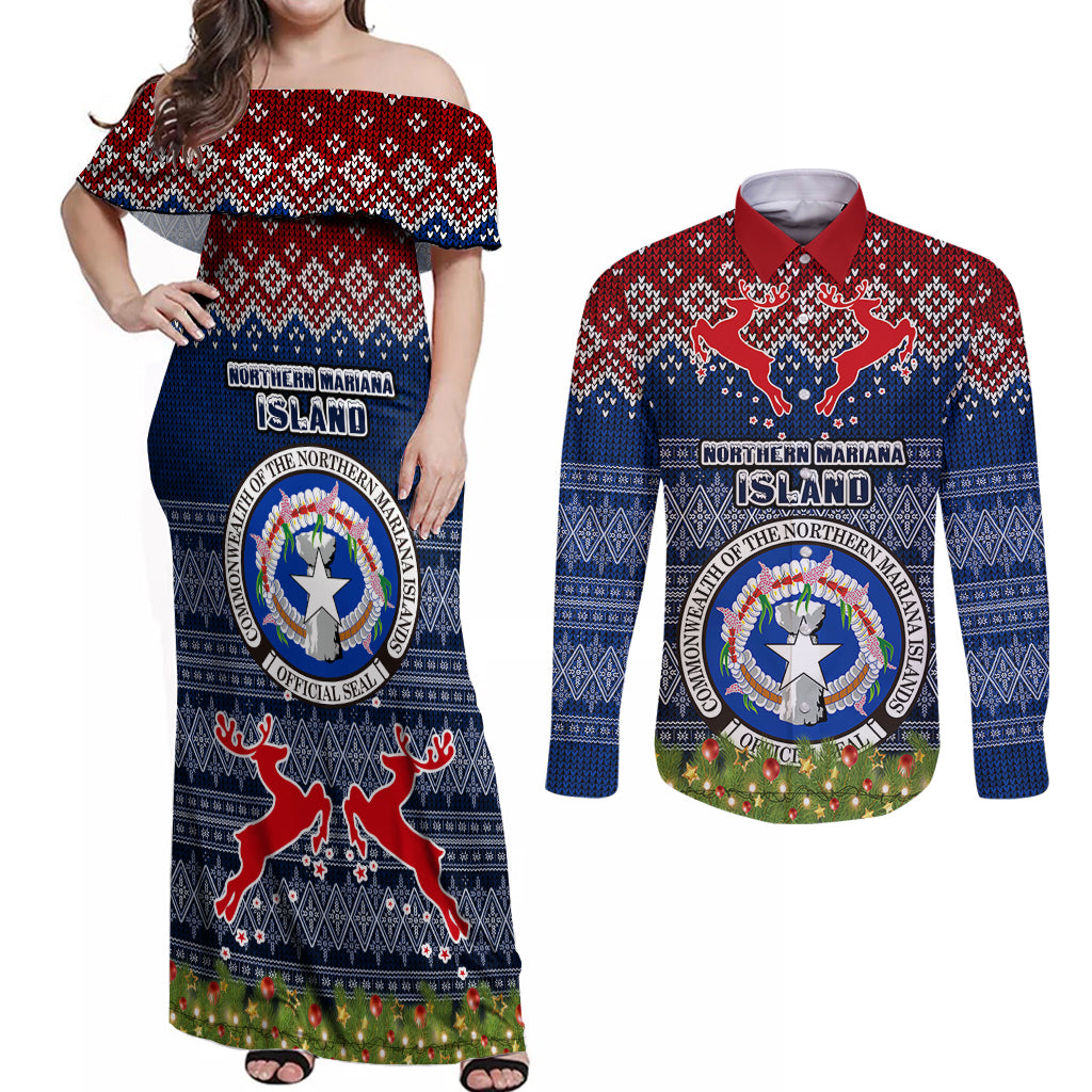 northern-mariana-islands-christmas-couples-matching-off-shoulder-maxi-dress-and-long-sleeve-button-shirts-coat-of-arms-and-map-beautiful-merry-xmas-snowflake