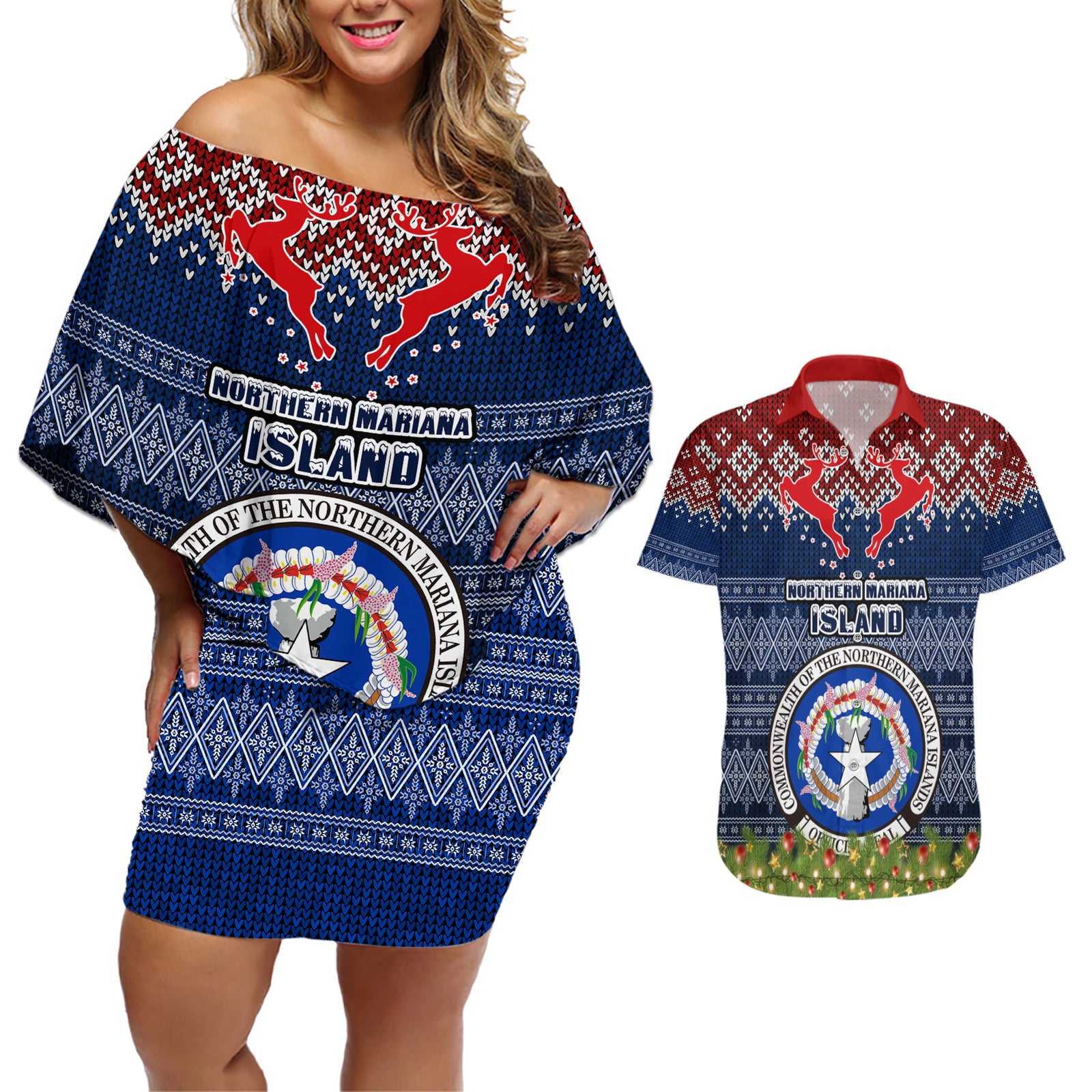 northern-mariana-islands-christmas-couples-matching-off-shoulder-short-dress-and-hawaiian-shirt-coat-of-arms-and-map-beautiful-merry-xmas-snowflake