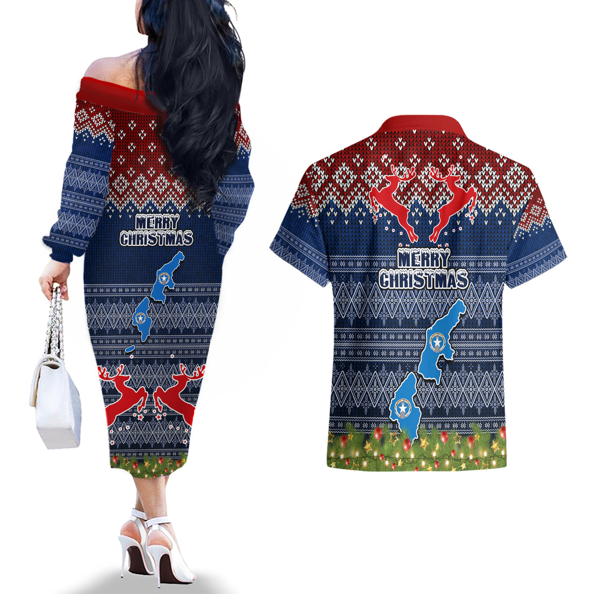 northern-mariana-islands-christmas-couples-matching-off-the-shoulder-long-sleeve-dress-and-hawaiian-shirt-coat-of-arms-and-map-beautiful-merry-xmas-snowflake