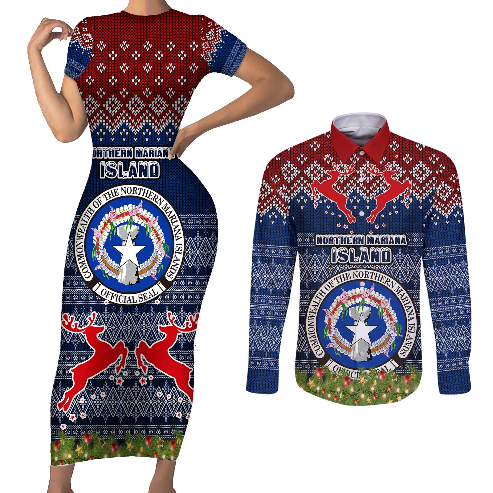 northern-mariana-islands-christmas-couples-matching-short-sleeve-bodycon-dress-and-long-sleeve-button-shirts-coat-of-arms-and-map-beautiful-merry-xmas-snowflake