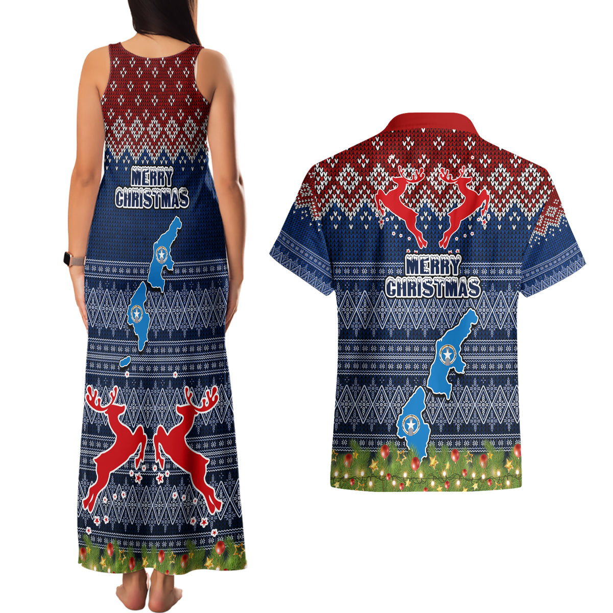 northern-mariana-islands-christmas-couples-matching-tank-maxi-dress-and-hawaiian-shirt-coat-of-arms-and-map-beautiful-merry-xmas-snowflake