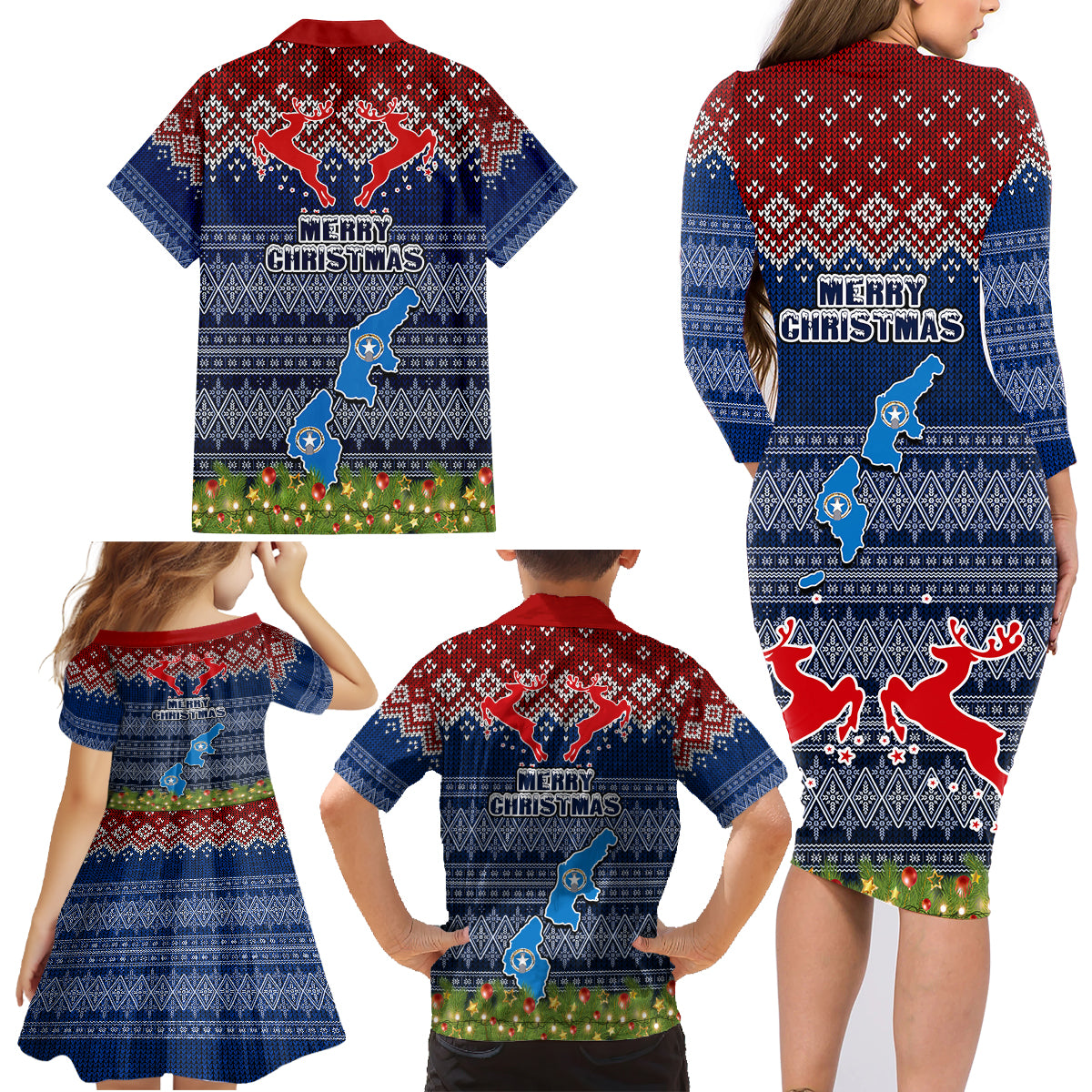 northern-mariana-islands-christmas-family-matching-long-sleeve-bodycon-dress-and-hawaiian-shirt-coat-of-arms-and-map-beautiful-merry-xmas-snowflake