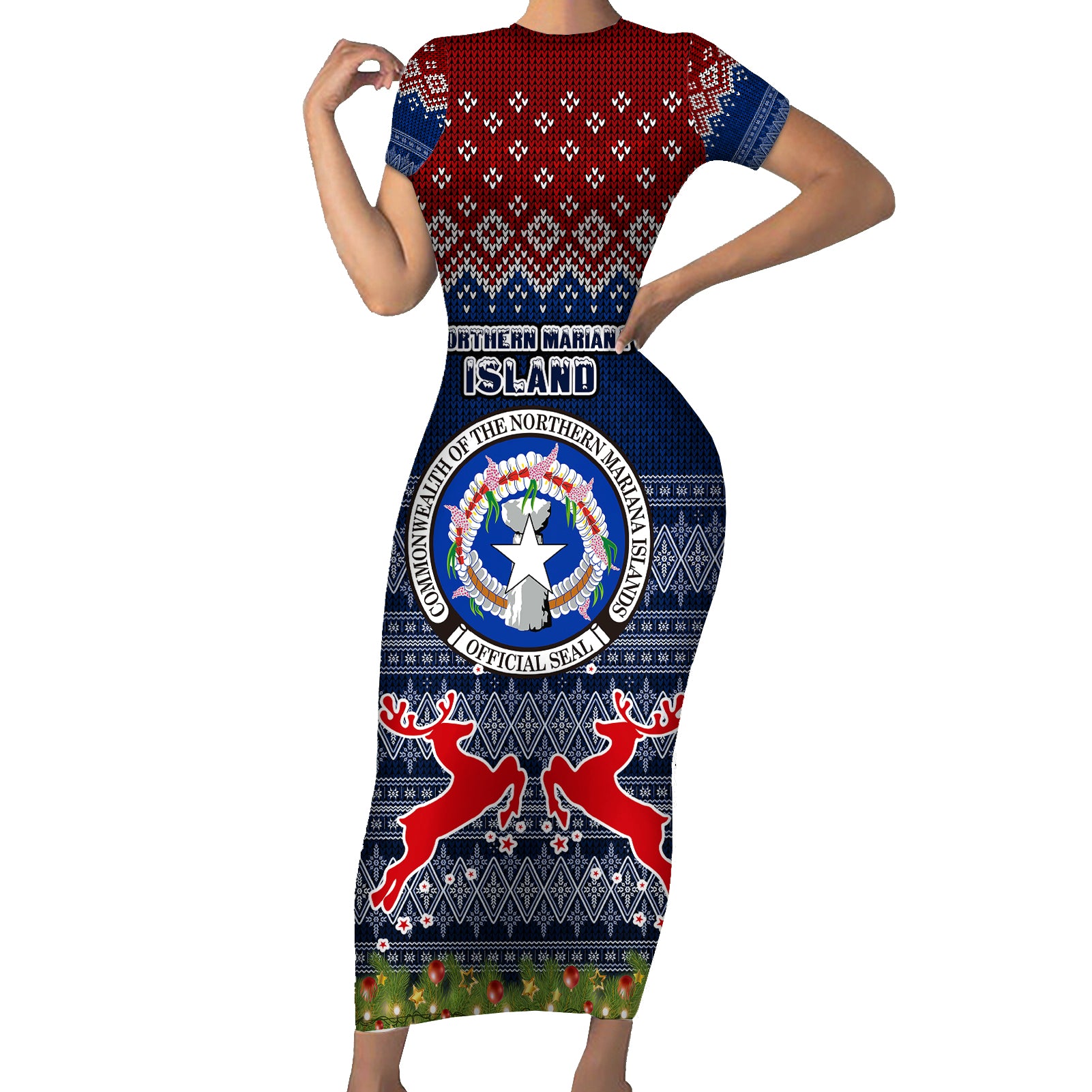 northern-mariana-islands-christmas-short-sleeve-bodycon-dress-coat-of-arms-and-map-beautiful-merry-xmas-snowflake