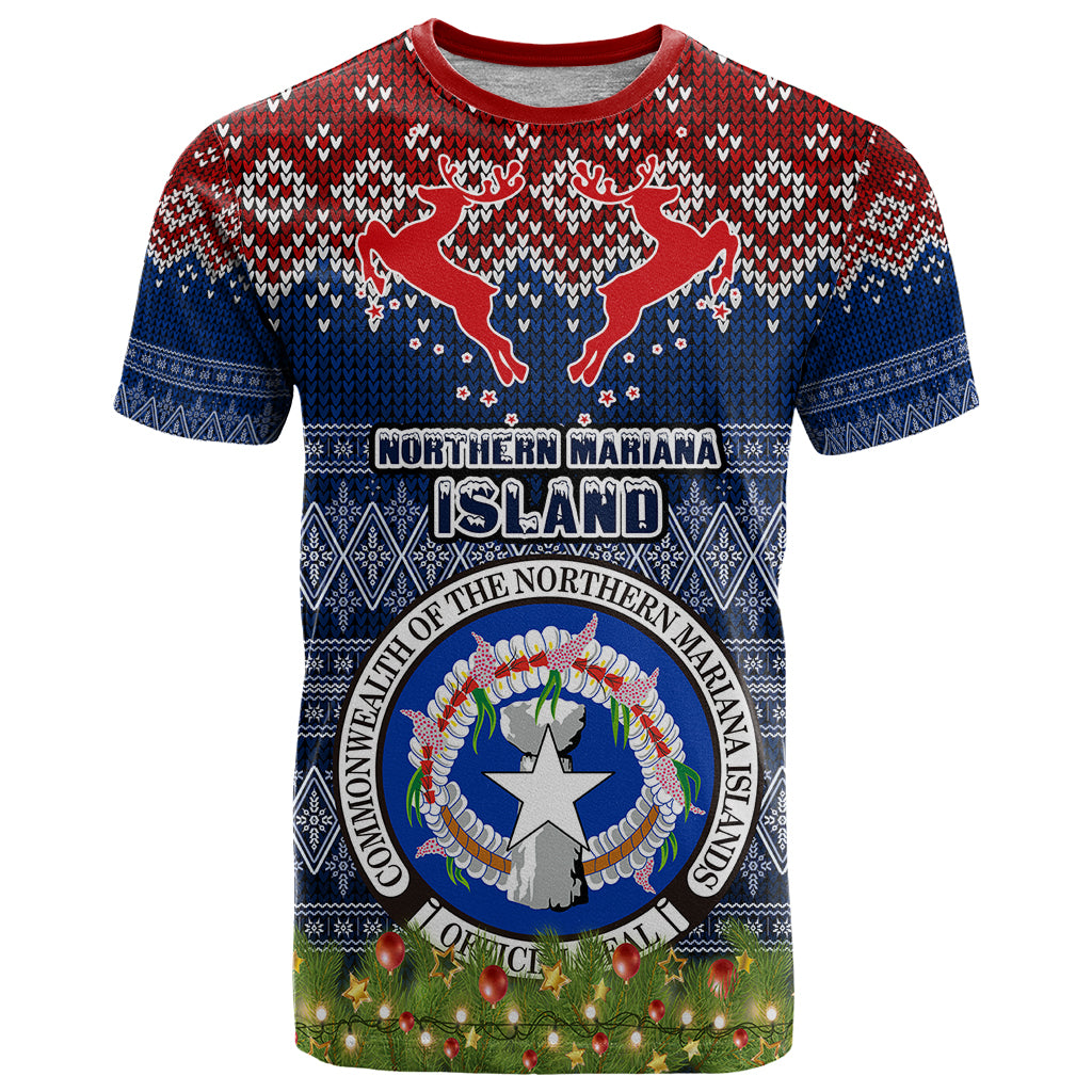Northern Mariana Islands Christmas T Shirt Coat of Arms and Map Beautiful Merry Xmas Snowflake LT03 Blue - Polynesian Pride