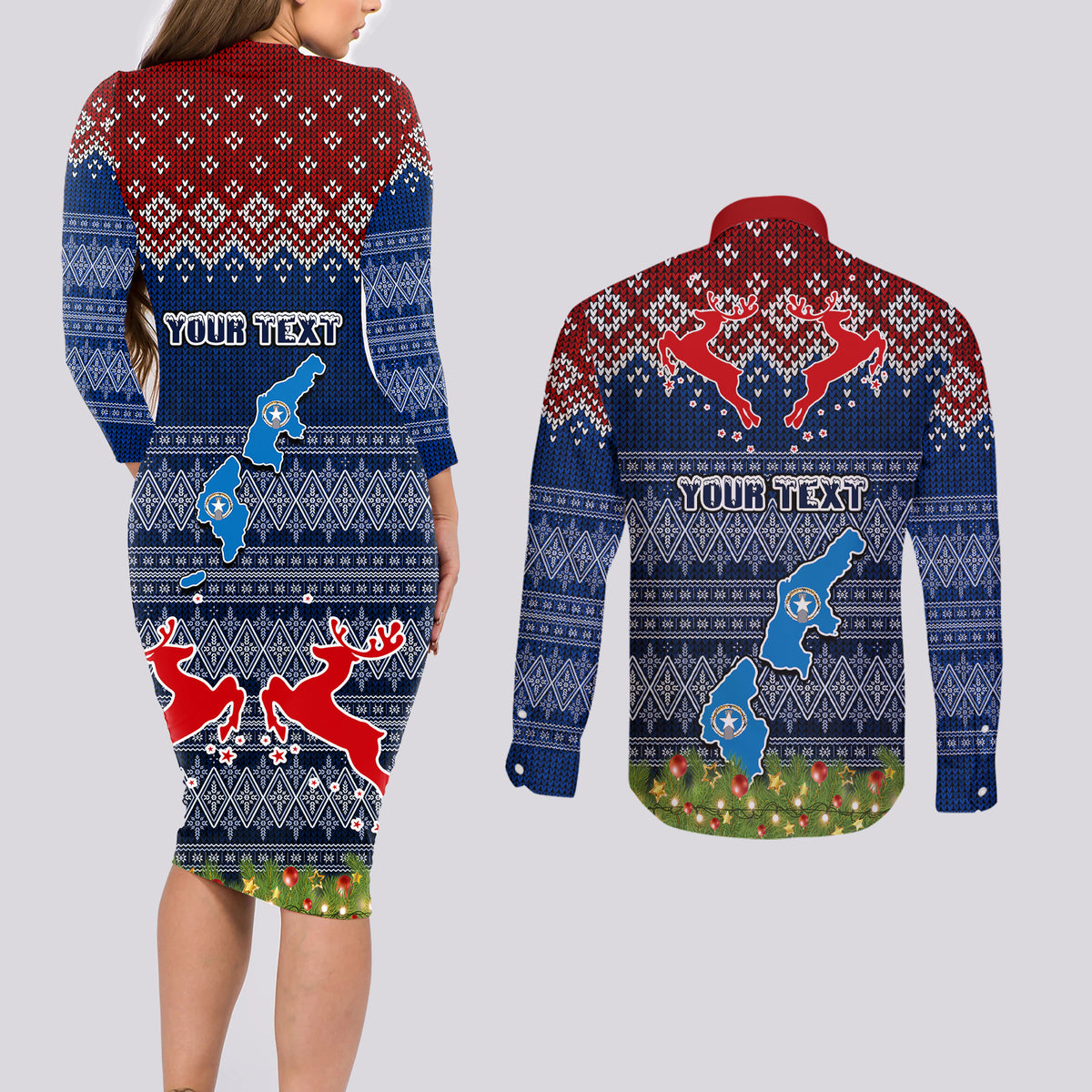 personalised-northern-mariana-islands-christmas-couples-matching-long-sleeve-bodycon-dress-and-long-sleeve-button-shirts-coat-of-arms-and-map-beautiful-merry-xmas-snowflake