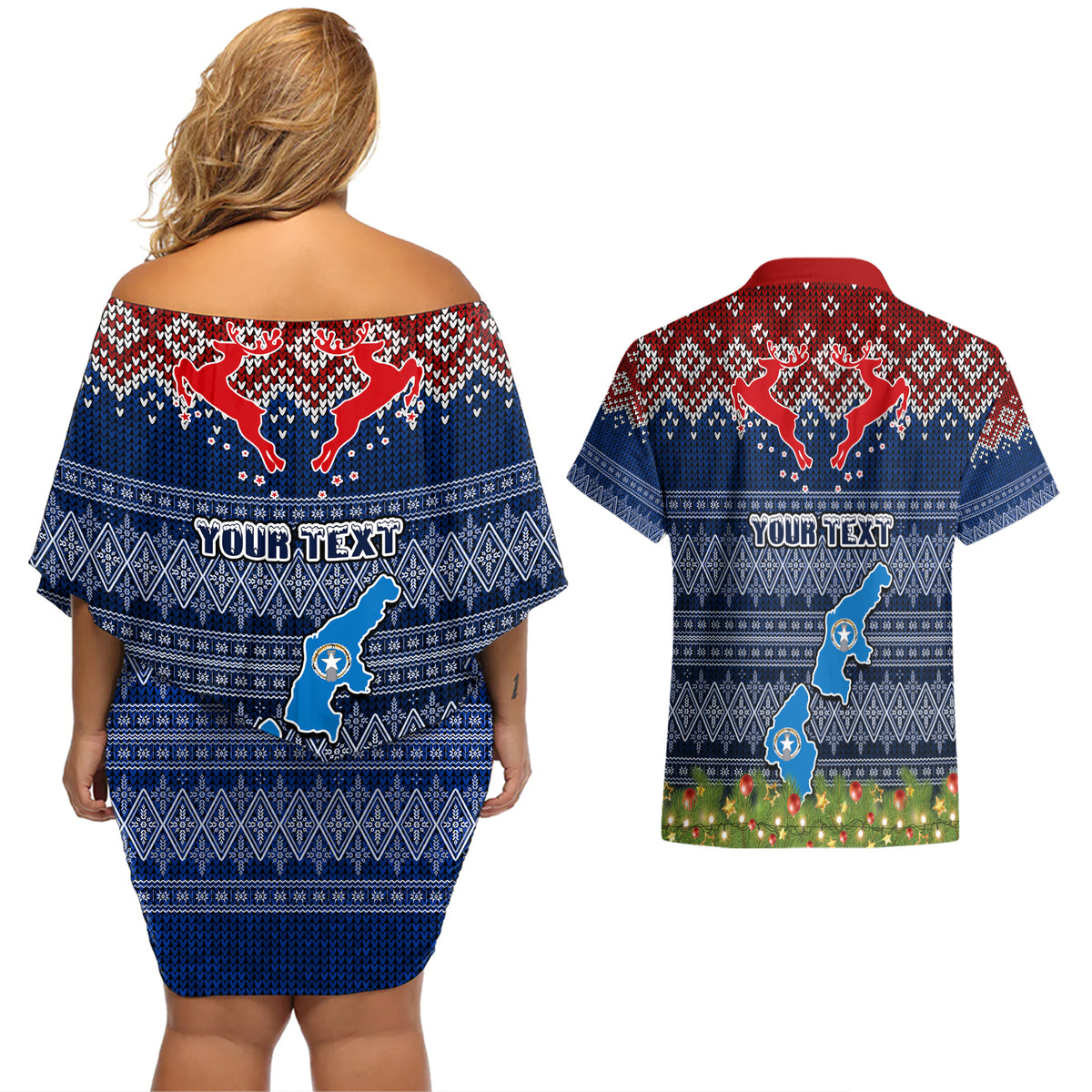 personalised-northern-mariana-islands-christmas-couples-matching-off-shoulder-short-dress-and-hawaiian-shirt-coat-of-arms-and-map-beautiful-merry-xmas-snowflake