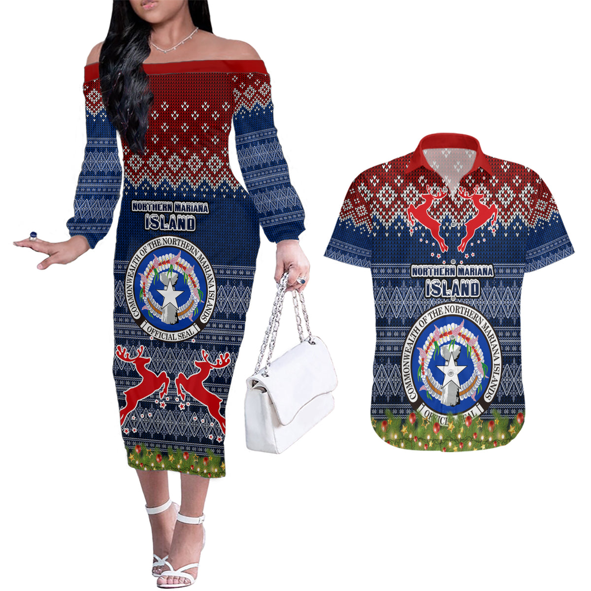 personalised-northern-mariana-islands-christmas-couples-matching-off-the-shoulder-long-sleeve-dress-and-hawaiian-shirt-coat-of-arms-and-map-beautiful-merry-xmas-snowflake