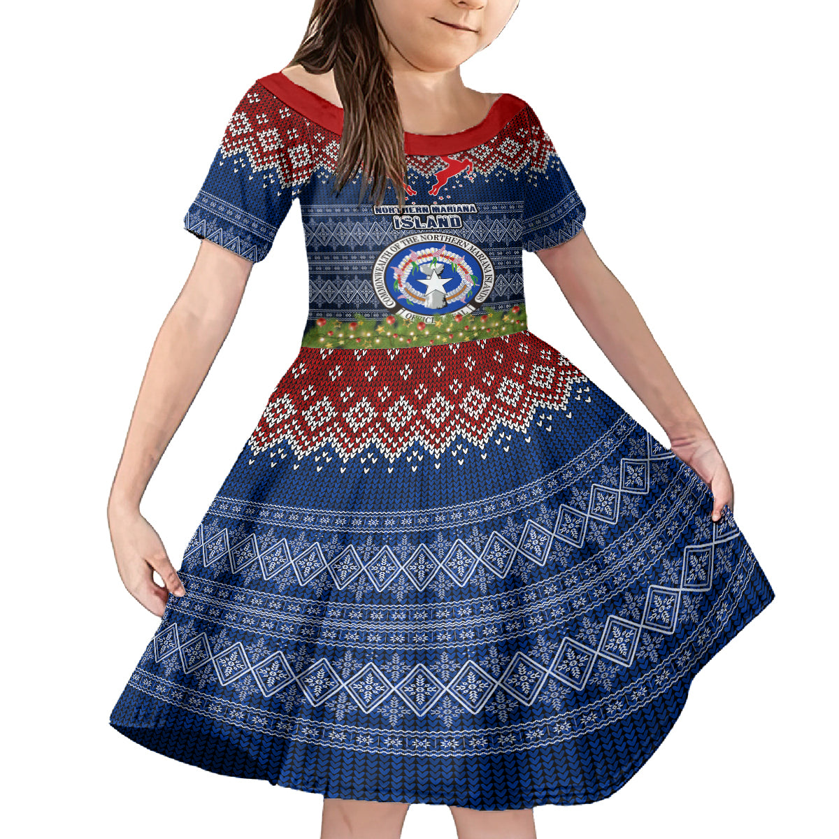 Personalised Northern Mariana Islands Christmas Family Matching Summer Maxi Dress and Hawaiian Shirt Coat of Arms and Map Beautiful Merry Xmas Snowflake LT03 Daughter's Dress Blue - Polynesian Pride
