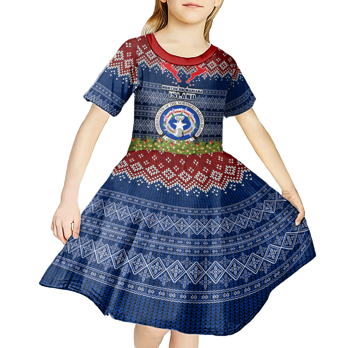 personalised-northern-mariana-islands-christmas-kid-short-sleeve-dress-coat-of-arms-and-map-beautiful-merry-xmas-snowflake