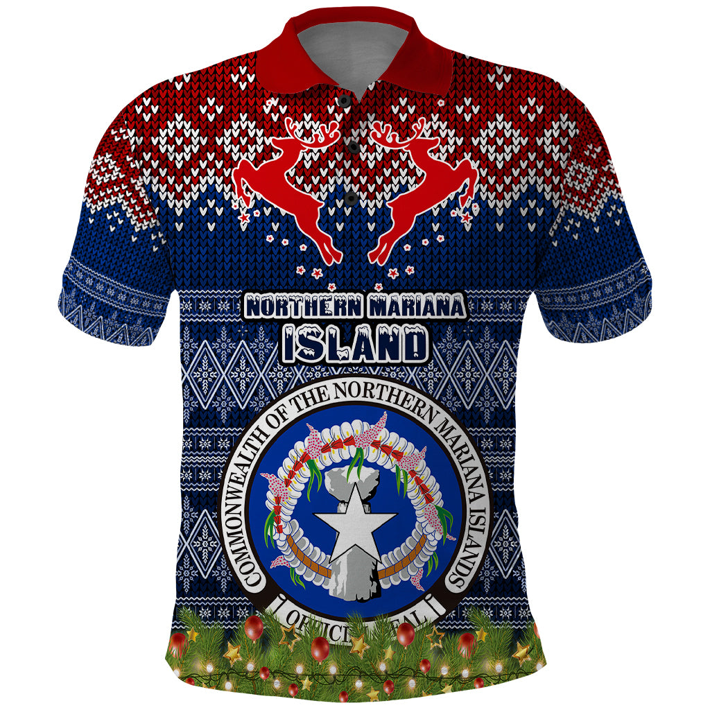 Personalised Northern Mariana Islands Christmas Polo Shirt Coat of Arms and Map Beautiful Merry Xmas Snowflake LT03 Blue - Polynesian Pride