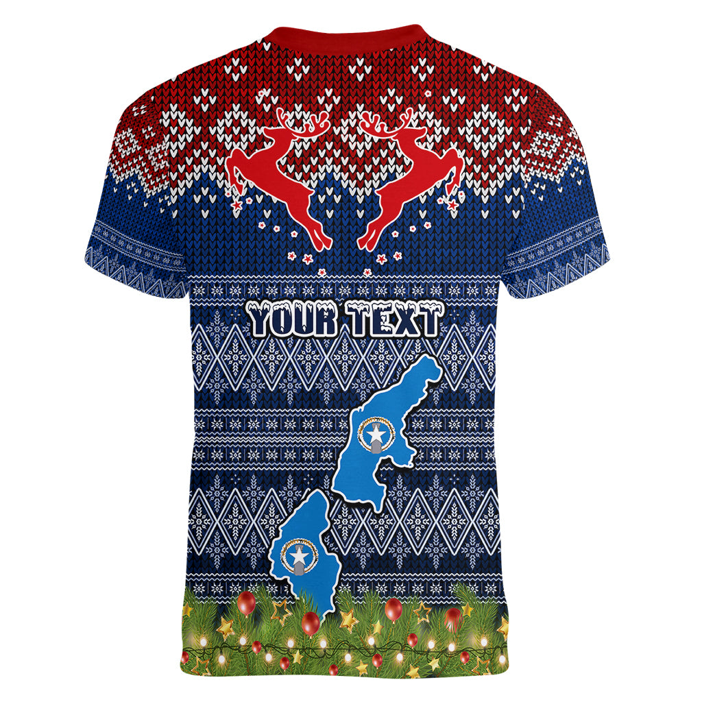 personalised-northern-mariana-islands-christmas-women-v-neck-t-shirt-coat-of-arms-and-map-beautiful-merry-xmas-snowflake