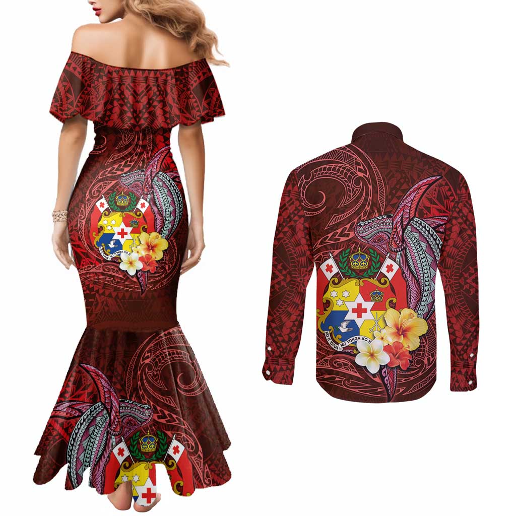 Tonga Humpback Whale Couples Matching Mermaid Dress and Long Sleeve Button Shirt National Seal with Hibiscus and Polynesian Tattoo