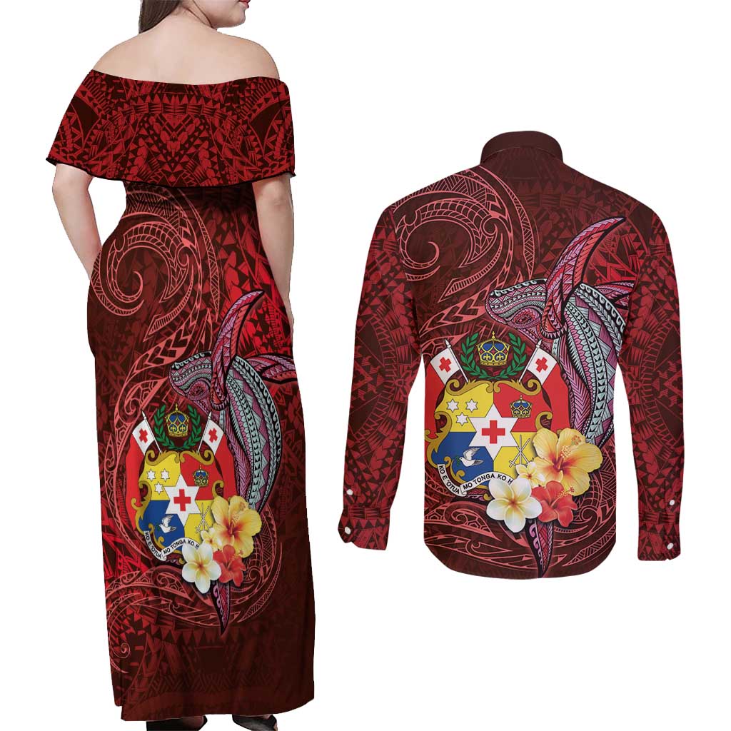 Tonga Humpback Whale Couples Matching Off Shoulder Maxi Dress and Long Sleeve Button Shirt National Seal with Hibiscus and Polynesian Tattoo