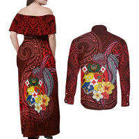 Tonga Humpback Whale Couples Matching Off Shoulder Maxi Dress and Long Sleeve Button Shirt National Seal with Hibiscus and Polynesian Tattoo