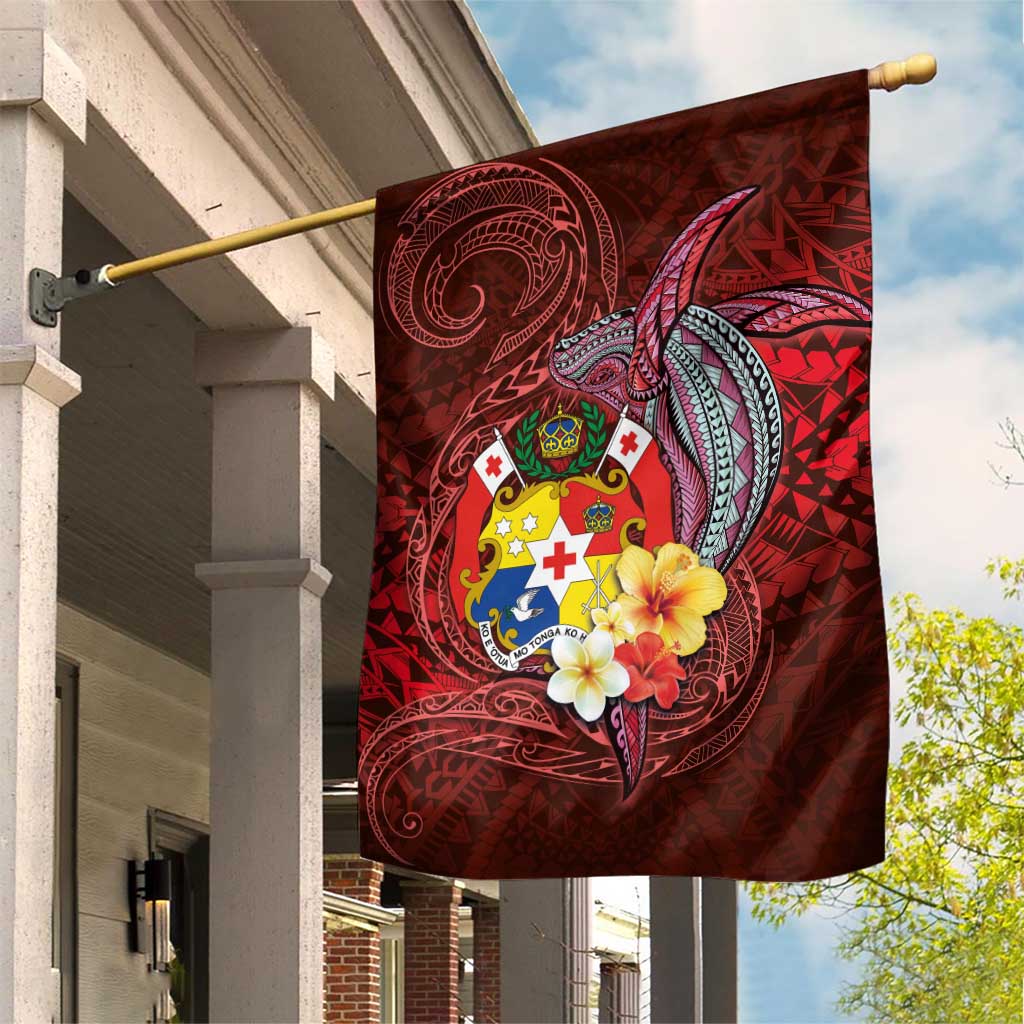 Tonga Humpback Whale Garden Flag National Seal with Hibiscus and Polynesian Tattoo