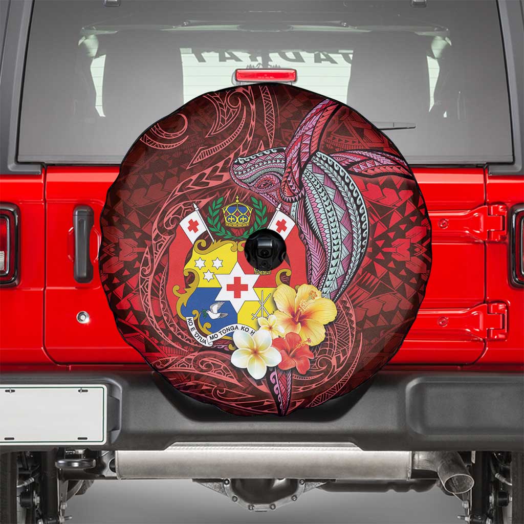 Tonga Humpback Whale Spare Tire Cover National Seal with Hibiscus and Polynesian Tattoo