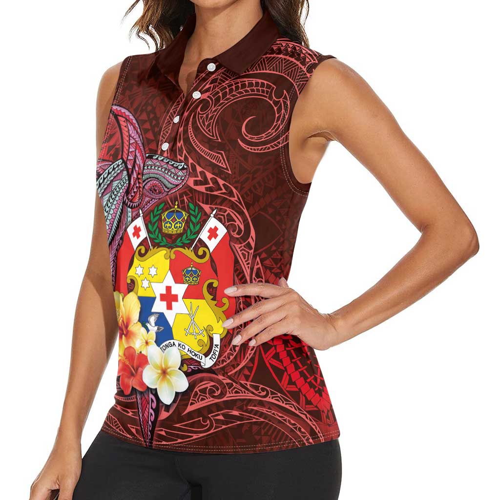 Tonga Humpback Whale Women Sleeveless Polo Shirt National Seal with Hibiscus and Polynesian Tattoo