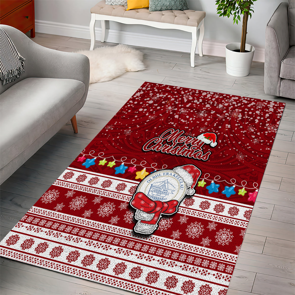Palau Christmas Area Rug Snowman and Palau Coat of Arms Maori Tribal Xmas Style LT03 - Polynesian Pride