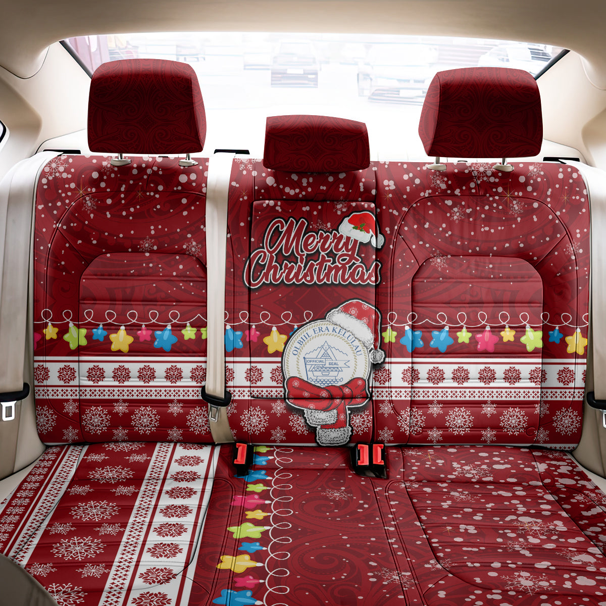 Palau Christmas Back Car Seat Cover Snowman and Palau Coat of Arms Maori Tribal Xmas Style