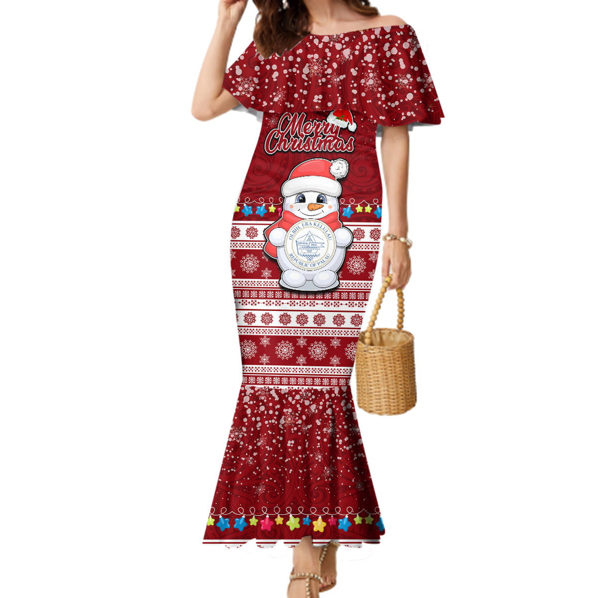 Palau Christmas Family Matching Mermaid Dress and Hawaiian Shirt Snowman and Palau Coat of Arms Maori Tribal Xmas Style LT03 Mom's Dress Red - Polynesian Pride