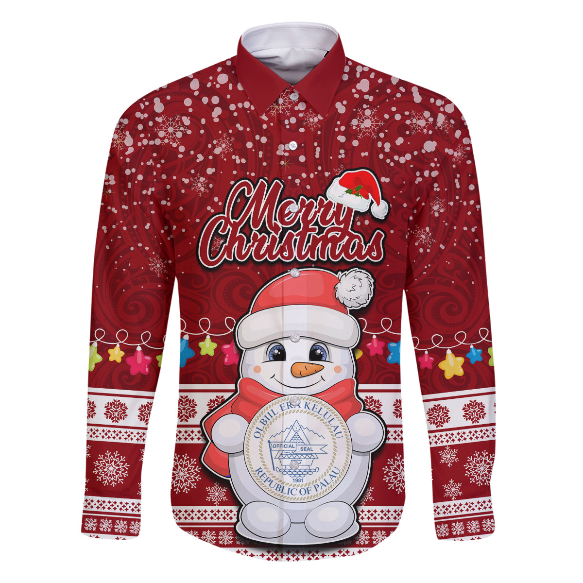 Palau Christmas Family Matching Off Shoulder Maxi Dress and Hawaiian Shirt Snowman and Palau Coat of Arms Maori Tribal Xmas Style LT03 Dad's Shirt - Long Sleeve Red - Polynesian Pride