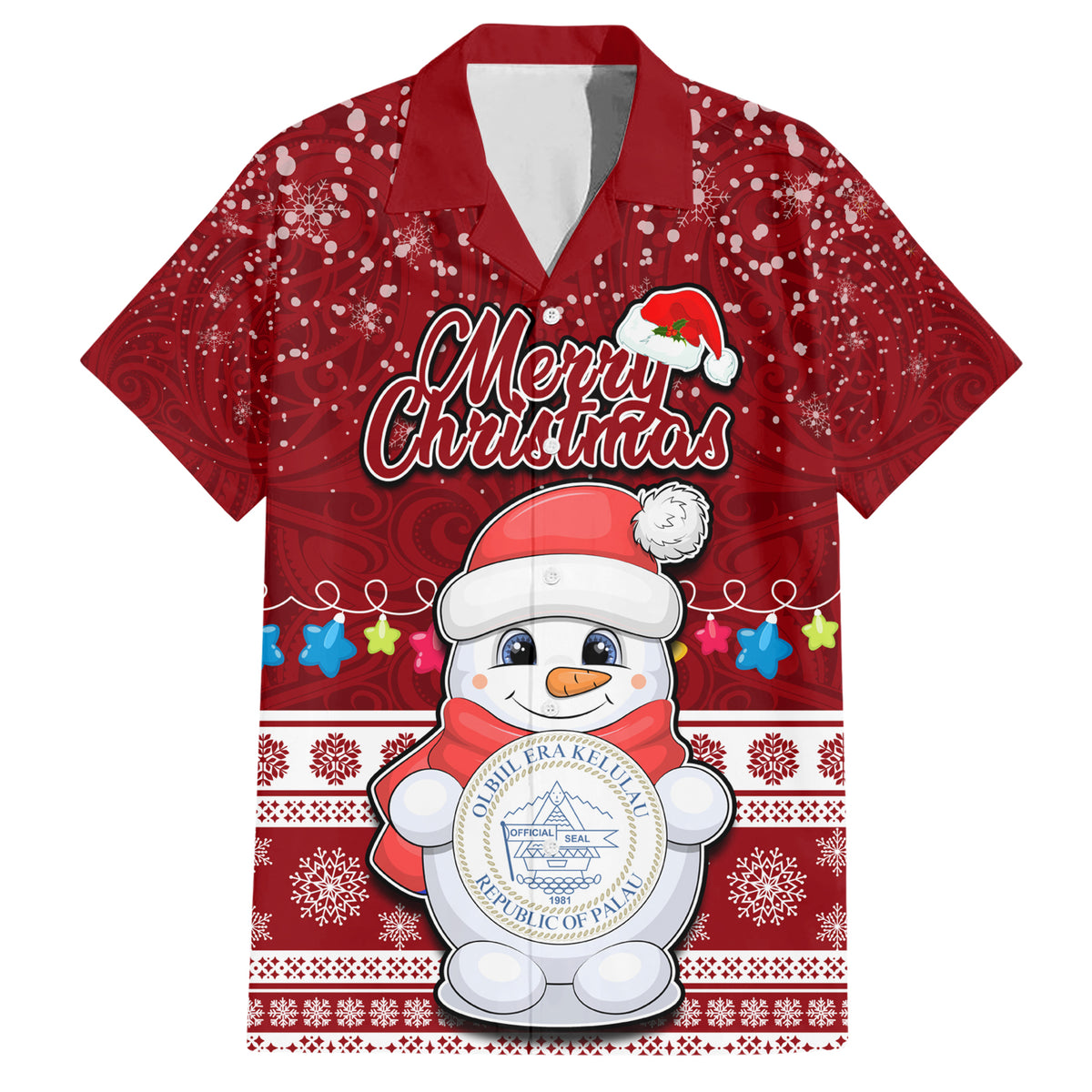 Palau Christmas Family Matching Short Sleeve Bodycon Dress and Hawaiian Shirt Snowman and Palau Coat of Arms Maori Tribal Xmas Style LT03 Dad's Shirt - Short Sleeve Red - Polynesian Pride