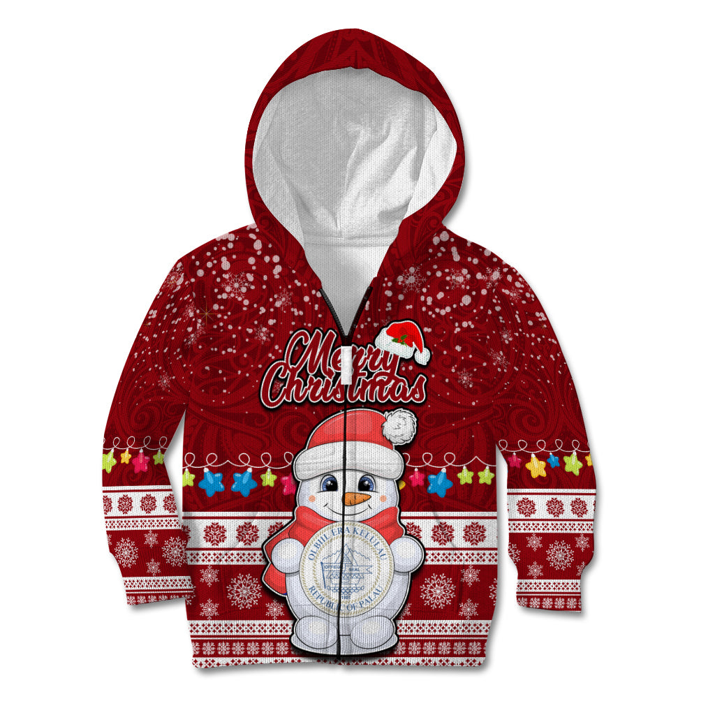 Palau Christmas Kid Hoodie Snowman and Palau Coat of Arms Maori Tribal Xmas Style LT03 Zip Hoodie Red - Polynesian Pride