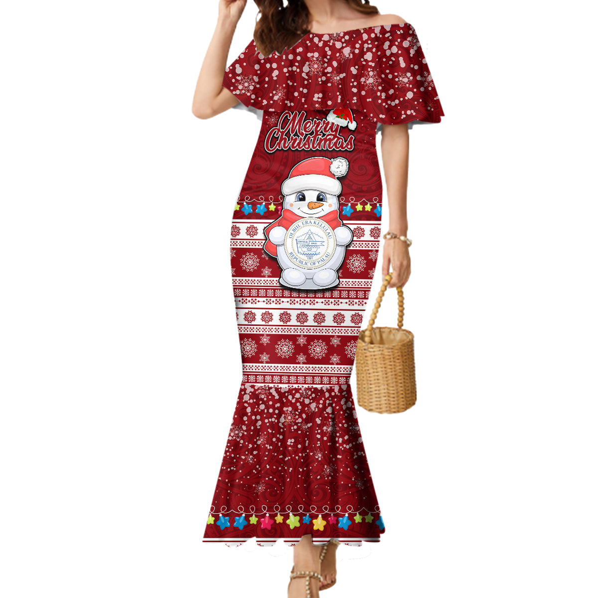 Palau Christmas Mermaid Dress Snowman and Palau Coat of Arms Maori Tribal Xmas Style LT03 Women Red - Polynesian Pride