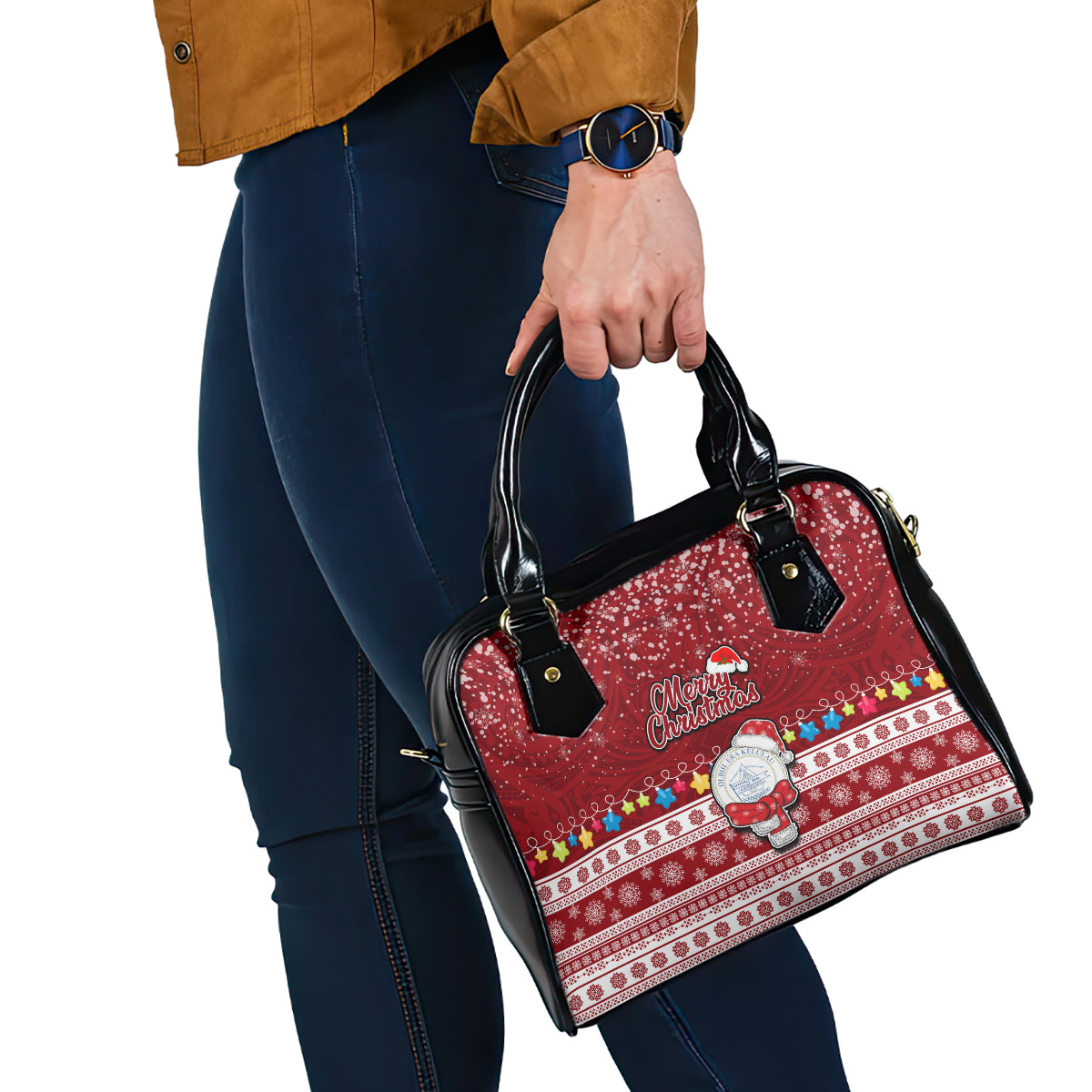 Palau Christmas Shoulder Handbag Snowman and Palau Coat of Arms Maori Tribal Xmas Style LT03 - Polynesian Pride