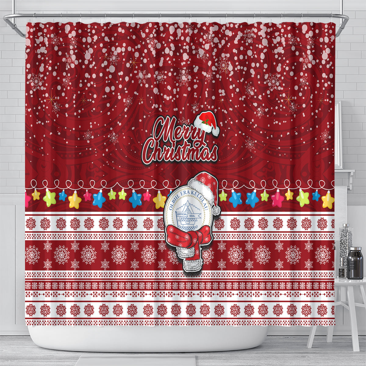 Palau Christmas Shower Curtain Snowman and Palau Coat of Arms Maori Tribal Xmas Style LT03 - Polynesian Pride