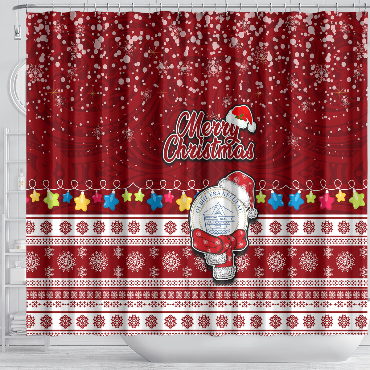 Palau Christmas Shower Curtain Snowman and Palau Coat of Arms Maori Tribal Xmas Style LT03 - Polynesian Pride