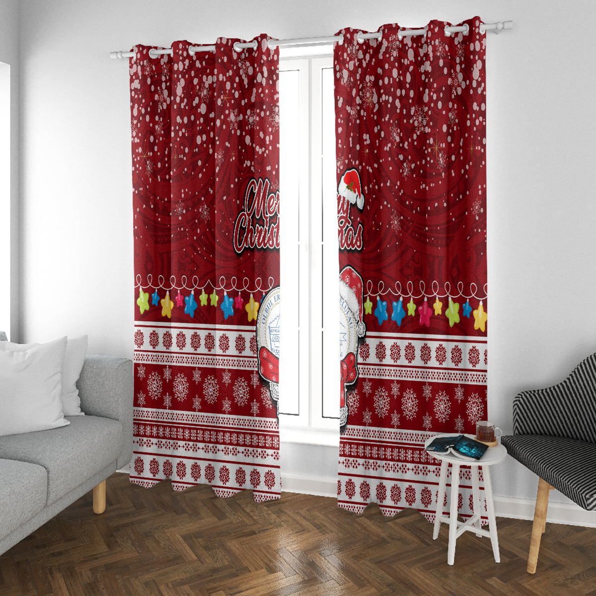 Palau Christmas Window Curtain Snowman and Palau Coat of Arms Maori Tribal Xmas Style LT03 With Grommets Red - Polynesian Pride