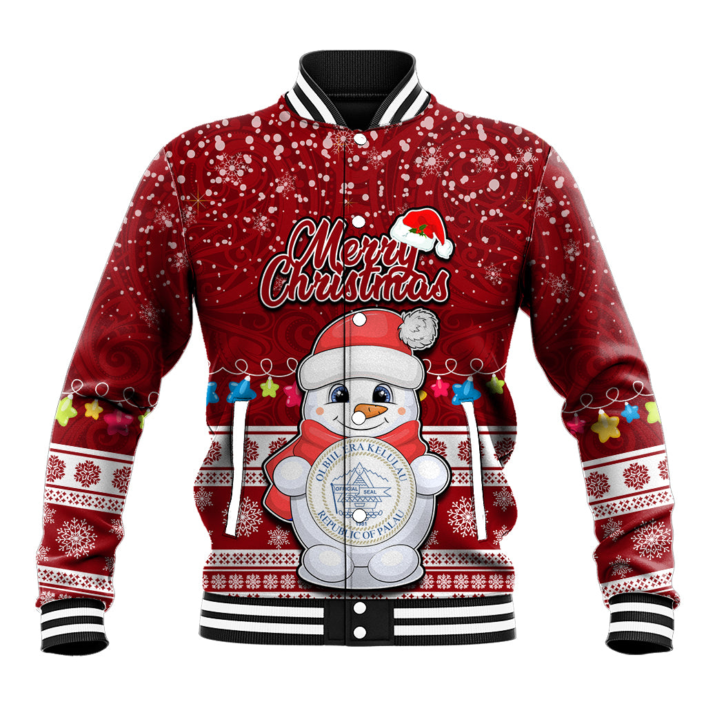 Personalised Palau Christmas Baseball Jacket Snowman and Palau Coat of Arms Maori Tribal Xmas Style LT03 Unisex Red - Polynesian Pride