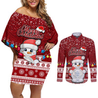 Personalised Palau Christmas Couples Matching Off Shoulder Short Dress and Long Sleeve Button Shirt Snowman and Palau Coat of Arms Maori Tribal Xmas Style LT03 Red - Polynesian Pride
