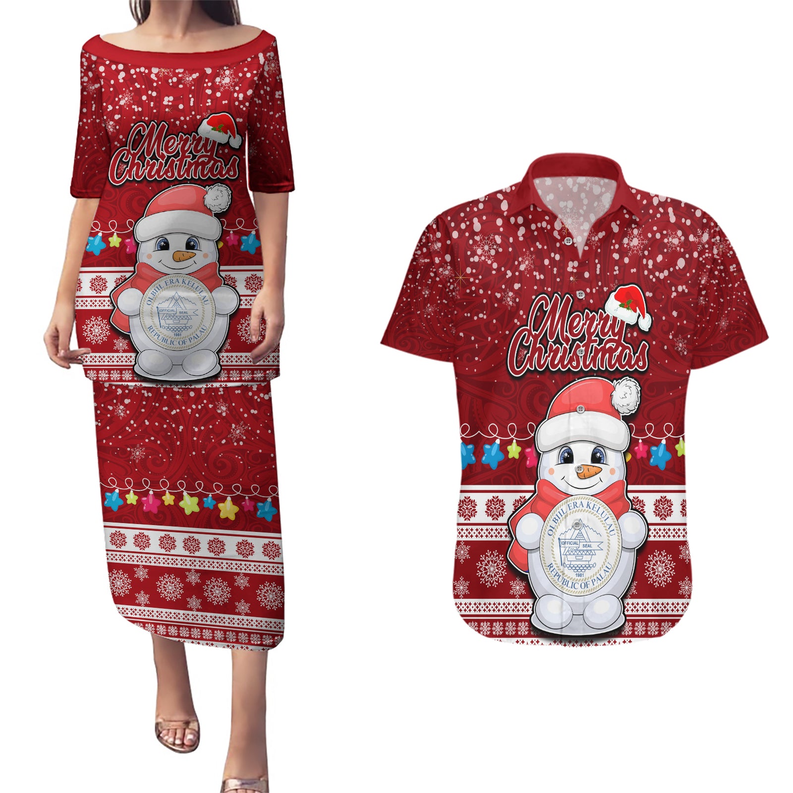 Personalised Palau Christmas Couples Matching Puletasi Dress and Hawaiian Shirt Snowman and Palau Coat of Arms Maori Tribal Xmas Style LT03 Red - Polynesian Pride