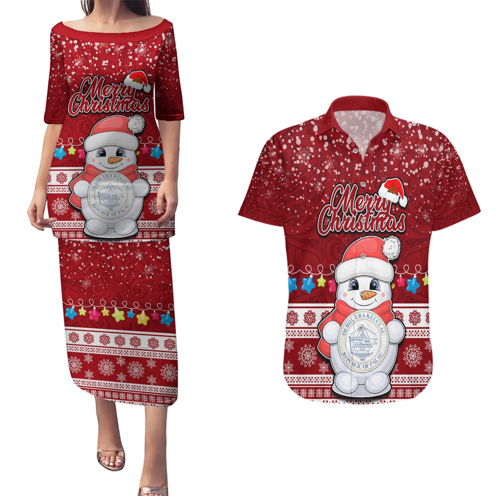 Personalised Palau Christmas Couples Matching Puletasi Dress and Hawaiian Shirt Snowman and Palau Coat of Arms Maori Tribal Xmas Style LT03 Red - Polynesian Pride