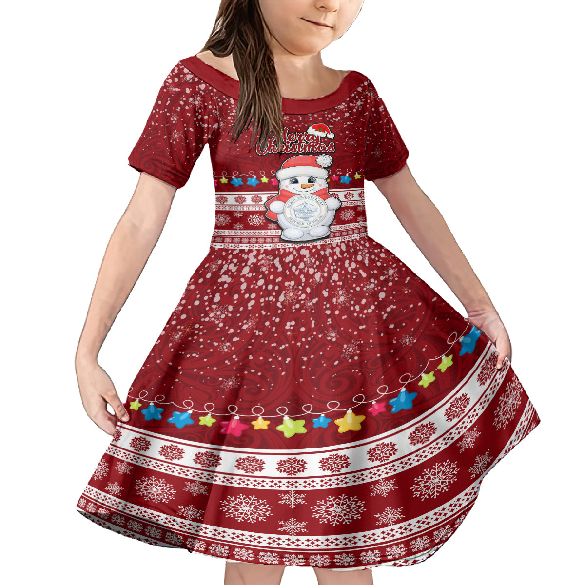 Personalised Palau Christmas Family Matching Mermaid Dress and Hawaiian Shirt Snowman and Palau Coat of Arms Maori Tribal Xmas Style LT03 Daughter's Dress Red - Polynesian Pride