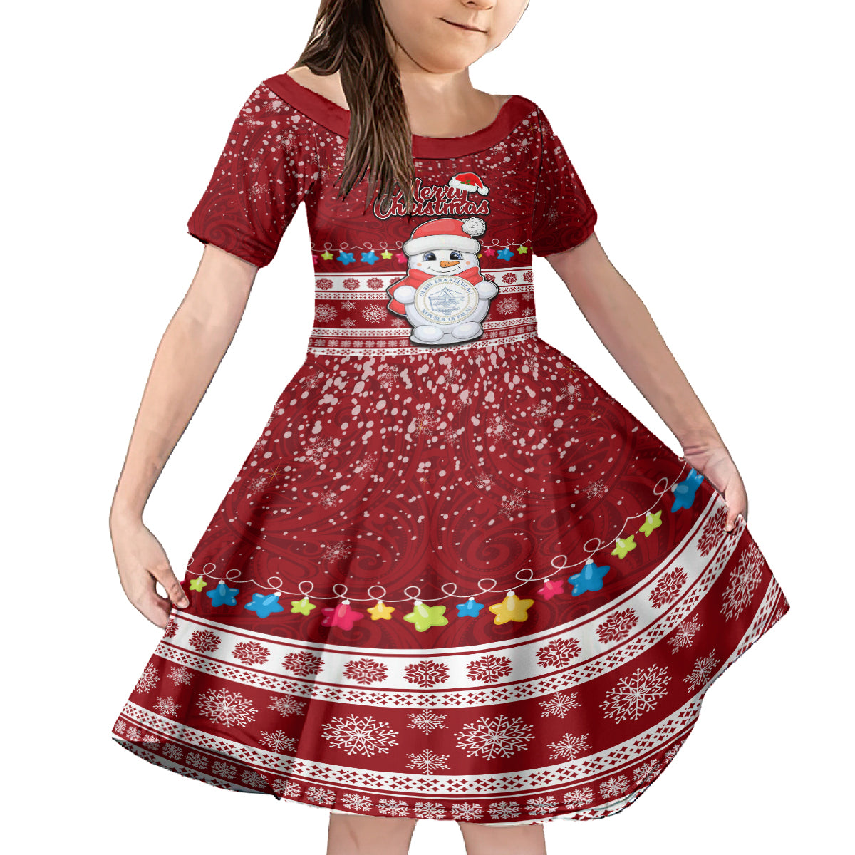 Personalised Palau Christmas Family Matching Off Shoulder Maxi Dress and Hawaiian Shirt Snowman and Palau Coat of Arms Maori Tribal Xmas Style LT03 Daughter's Dress Red - Polynesian Pride